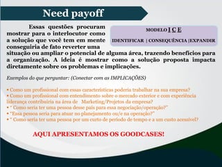 Exemplos do que perguntar: (Conectar com as IMPLICAÇÕES)
 Como um profissional com essas características poderia trabalhar na sua empresa?
 Como um profissional com entendimento sobre o mercado exterior e com experiência
liderança contribuiria na área de Marketing/Projetos da empresa?
 “ Como seria ter uma pessoa desse país para essa negociação/operação?”
 “Essa pessoa seria para atuar no planejamento ou/e na operação?”
 “ Como seria ter uma pessoa por um curto de período de tempo e a um custo acessível?
MODELO I C E
IDENTIFICAR | CONSEQUÊNCIA |EXPANDIR
AQUI APRESENTAMOS OS GOODCASES!
Need payoff
Essas questões procuram
mostrar para o interlocutor como
a solução que você tem em mente
conseguiria de fato reverter uma
situação ou ampliar o potencial de alguma área, trazendo benefícios para
a organização. A ideia é mostrar como a solução proposta impacta
diretamente sobre os problemas e implicações.
 