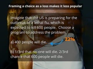 Framing a choice as a loss makes it less popular
Imagine that the US is preparing for the
outbreak of a lethal ﬂu, which is
expected to kill 600 people. Choose a
program to address the problem.
!
a) 400 people will die.
!
b) 1/3rd that no-one will die. 2/3rd
chance that 600 people will die.
22%
 