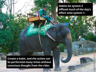 Habits let system 2
oﬄoad much of the day’s
eﬀort onto system 1.
Create a habit, and the action can
be performed many times without
conscious thought from the rider.
Flickr:Thomas/Inﬁdelic
 