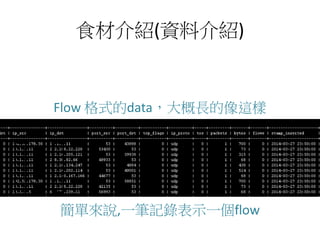 食材介紹(資料介紹)
Flow 格式的data，大概長的像這樣
簡單來說,一筆記錄表示一個flow
 