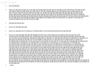 • 112.124.20.221
• 10.5.5.11 101.227.14.222 111.1.53.158 113.31.88.150 119.235.235.16 163.28.5.9 173.194.127.62 173.194.72.103
173.194.72.104 173.194.72.95 173.252.110.27 173.252.110.29 183.61.112.124 183.61.112.37 202.169.175.79
203.17.63.21 209.177.95.163 209.177.95.169 211.79.36.170 220.181.109.158 220.181.184.186 221.204.10.89
23.61.194.10 23.61.194.26 23.61.194.34 23.61.194.65 23.61.194.72 23.76.204.153 239.255.255.250 31.13.69.36
42.99.128.138 42.99.128.152 42.99.128.154 42.99.128.160 42.99.128.176 42.99.128.177 54.251.119.61 54.254.98.219
61.135.185.18 61.145.124.85 64.208.5.26 64.208.5.41 64.208.5.9 69.171.233.33 69.171.245.49 74.125.203.157
74.125.23.188 74.125.31.139 74.125.31.188
• 224.0.0.22 224.0.0.251
• 10.5.5.11 239.255.255.250
• 10.5.5.11 163.28.5.24 17.135.64.4 17.149.36.104 17.172.233.129 224.0.0.251 23.48.139.164
• 10.5.5.11 101.226.200.130 106.187.40.88 107.20.172.41 107.23.186.214 113.106.27.210 119.147.211.135
119.161.22.33 119.235.235.91 121.14.228.118 122.143.12.163 123.130.123.164 124.95.142.209 124.95.142.210
14.17.110.21 162.159.243.187 163.28.5.10 163.28.5.11 163.28.5.17 163.28.5.18 163.28.5.19 163.28.5.25 163.28.5.27
163.28.5.33 163.28.5.8 163.28.5.9 17.132.73.88 17.134.126.131 17.134.126.132 17.134.62.130 17.134.62.131
17.149.32.58 17.149.36.121 17.151.225.120 17.151.225.65 17.151.225.77 17.151.225.8 17.154.66.105 17.154.66.107
17.154.66.109 17.154.66.111 17.154.66.79 17.172.232.55 17.172.233.103 17.173.254.222 17.173.254.223
173.194.72.103 173.194.72.104 173.194.72.105 173.194.72.156 173.194.72.95 173.223.232.11 173.223.232.19
173.223.232.24 173.223.232.33 173.223.232.35 173.223.232.42 173.223.232.74 173.223.232.75 173.252.103.16
173.252.110.27 173.252.79.23 175.6.0.102 175.6.0.104 175.6.0.106 175.6.0.124 180.97.81.120 180.97.81.122
183.60.41.120 202.169.175.117 202.169.175.82 202.169.175.89 203.104.131.5 203.17.63.21 203.83.220.250
206.190.38.30 218.59.209.165 218.59.209.182 218.59.209.197 220.130.123.76 221.204.214.156 222.186.3.142
222.186.3.143 222.218.45.222 223.26.70.11 223.26.70.37 224.0.0.251 23.22.88.133 23.3.105.106 23.3.105.49
23.3.105.56 23.3.105.57 23.3.105.59 23.3.105.66 23.3.105.72 23.3.105.73 23.3.105.74 23.3.105.81 23.3.105.89
23.48.130.217 23.48.143.139 23.61.194.11 23.61.194.33 23.61.194.34 23.61.194.40 23.61.194.41 23.61.194.42
23.61.194.43 23.61.194.48 23.61.194.49 23.61.194.58 23.61.194.73 23.61.194.75 23.76.204.153 23.76.204.155
23.76.204.162 23.76.204.163 23.76.204.168 23.76.204.170 23.76.204.176 23.76.204.177 255.255.255.255
42.121.149.41 42.121.149.44 42.156.140.138 42.99.128.137 42.99.128.144 54.208.251.43 54.236.156.216 54.236.90.22
54.240.226.0 54.240.227.64 60.209.6.137 60.55.32.68 60.55.32.84 60.55.32.90 63.151.118.145 64.208.5.16 64.208.5.51
74.125.203.156
• …omit…
Srcaddr Dstaddr
 
