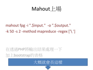 Mahout上場
mahout fpg -i ".$input." -o ".$output."
-k 50 -s 2 -method mapreduce -regex [' ']
在透過PHP將輸出結果處理一下
加上bootstrap的表格
大概就會長這樣
 