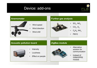 – Device: add-ons

Anemometer
Anemometro                             Further gas analysis
                                       Anemometro

                  •  Velocità e                            SO2, NO2
                                                        •  Velocità e
                 •  Wind speed
                     direzione del                      •  CO2, O2 del
                                                           direzione
                 •  Wind direction
                     vento                                 vento
                                                        •  C6H6, NH3
                 •  Wind chill
                  •  Wind chill                         •  Wind chill
                                                           PM10



Acoustic pollution board
Anemometro                             Anemometro
                                       ZigBee module

                  •  Velocità e                         •  Alternative
                                                        •  Velocità e
                 •  Intensity                              solution for
                     direzione del                         direzione del
                                                           communication
                 •  Loudness
                     vento                                 vento
                                                        •  Instead of
                 •  Effect on people
                  •  Wind chill                            GSM/GPRS
                                                        •  Wind chill
                                                           module
 