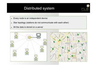 – Distributed system

"    Every node is an independent device

"    Star topology (stations do not communicate with each other)

"    All the data is stored on a server
 