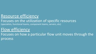 Resource efficiency
Focuses on the utilization of specific resources
(specialists, functional teams, component teams, servers, etc)
Flow efficiency
Focuses on how a particular flow unit moves through the
process
 