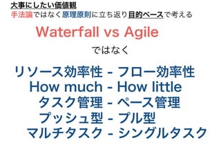 リソース効率性 - フロー効率性
大事にしたい価値観
How much - How little
タスク管理 - ペース管理
プッシュ型 - プル型
マルチタスク - シングルタスク
Waterfall vs Agile
ではなく
手法論ではなく原理原則に立ち返り目的ベースで考える
 