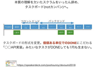 本質の理解を欠いたスクラムをいったん辞め、
タスクボード(notカンバン)へ。
https://speakerdeck.com/poohsunny/devsumi2018
「○○API実装」みたいなタスクがDONEしても1円も生まない。
 