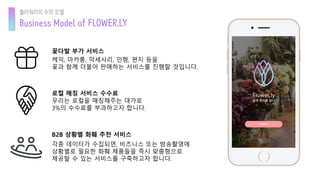 B2B 상황별 화훼 추천 서비스
각종 데이터가 수집되면, 비즈니스 또는 방송촬영에
상황별로 필요한 화훼 제품들을 즉시 맞춤형으로
제공할 수 있는 서비스를 구축하고자 합니다.
로컬 매칭 서비스 수수료
우리는 로컬을 매칭해주는 대가로
3%의 수수료를 부과하고자 합니다.
꽃다발 부가 서비스
케익, 마카롱, 악세사리, 인형, 편지 등을
꽃과 함께 더불어 판매하는 서비스를 진행할 것입니다.
Business Model of FLOWER.LY
플라워리의 수익 모델
 