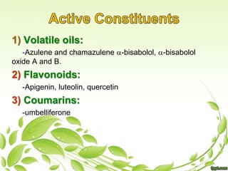 1) Volatile oils:
-Azulene and chamazulene -bisabolol, -bisabolol
oxide A and B.
2) Flavonoids:
-Apigenin, luteolin, quercetin
3) Coumarins:
-umbelliferone
 