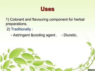 1) Colorant and flavouring component for herbal
preparations.
2) Traditionally :
- Astringent &cooling agent . - Diuretic.
 