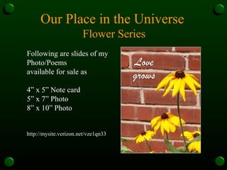 Our Place in the Universe
Flower Series
Following are slides of my
Photo/Poems
available for sale as
4” x 5” Note card
5” x 7” Photo
8” x 10” Photo
http://mysite.verizon.net/vze1qn33
 