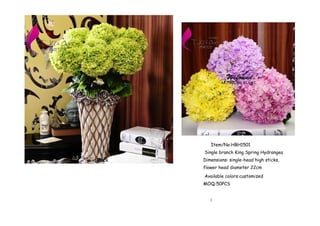 Black
Item/No:HBH1501
Single branch King Spring Hydrangea
Dimensions: single-head high sticks,
flower head diameter 22cm
Available colors:customized
MOQ:50PCS
 