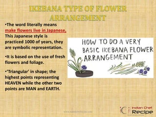 •The word literally means
make flowers live in Japanese,
This Japanese style is
practiced 1000 of years, they
are symbolic representation.
•It is based on the use of fresh
flowers and foliage.
•‘Triangular' in shape; the
highest points representing
HEAVEN while the other two
points are MAN and EARTH.
www.indianchefrecipe.com
 