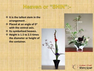  It is the tallest stem in the
arrangement .
 Placed at an angle of 0°
with the central axis.
 Its symbolized heaven.
 Height is 1.5 to 2.5 times
the diameter or height of
the container.
www.indianchefrecipe.com
 