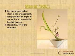  It's the second tallest
stem in the arrangement.
 It is placed at an angle of
90° with the central axis
behind Heaven.
 Height Is 3/4th of the
container
www.indianchefrecipe.com
 