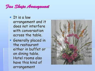 Fan Shape Arrangement
 It is a low
arrangement and it
does not interfere
with conversation
across the table.
 Generally placed in
the restaurant
either in buffet or
on dining table.
Hotel rooms also
have this kind of
arrangement
 