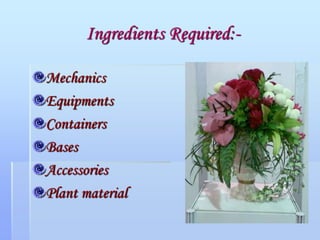 Ingredients Required:-
Mechanics
Equipments
Containers
Bases
Accessories
Plant material
 