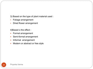 3) Based on the type of plant material used :
 Foliage arrangement
 Dried flower arrangement
4)Based o the effect :
 Formal arrangement
 Semi-formal arrangement
 Informal arrangement
 Modern or abstract or free style
23 Priyanka Verma
 