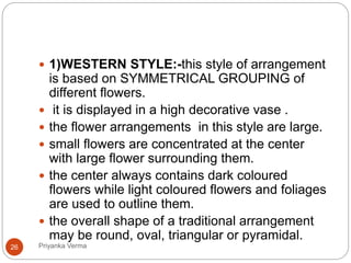  1)WESTERN STYLE:-this style of arrangement
is based on SYMMETRICAL GROUPING of
different flowers.
 it is displayed in a high decorative vase .
 the flower arrangements in this style are large.
 small flowers are concentrated at the center
with large flower surrounding them.
 the center always contains dark coloured
flowers while light coloured flowers and foliages
are used to outline them.
 the overall shape of a traditional arrangement
may be round, oval, triangular or pyramidal.
26 Priyanka Verma
 