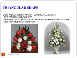TRIANGULAR SHAPE
MOST WIDELY USED SHAPE OF FLOWER ARRANGEMENT
USED FOR MAKING BOUQUETS.
THE HEIGHT AND THE WIDTH OF THE TRIANGLE HAVE TO BE DECIDED
FIRST AND THEN THE ‘FOCAL POINT’.
28 Priyanka Verma
 