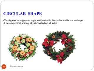 CIRCULAR SHAPE
•This type of arrangement is generally used in the center and is low in shape.
•It is symmetrical and equally decorated on all sides.
32 Priyanka Verma
 