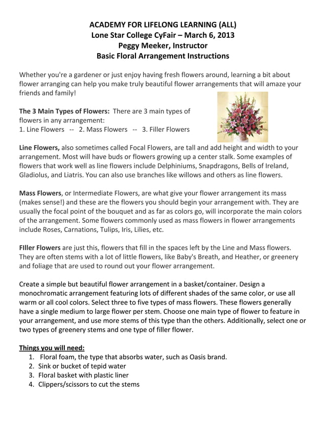 Flower Arranging Handout PDF Gardening Home & Garden