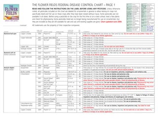 THE FLOWER FIELDS FEDERAL DISEASE CONTROL CHART – PAGE 1                                                                                              AI      Active
                                                                                                                                                                                                           Ingredient
                                                                                                                                                                                                                           SD
                                                                                                                                                                                                                           T&O, T/O
                                                                                                                                                                                                                                      Spray Dry
                                                                                                                                                                                                                                      Turf &
                                                                                                                                                                                                   DF      Dry Flowable    or T/N/O   Ornamental
                                             READ AND FOLLOW THE INSTRUCTIONS ON THE LABEL BEFORE USING ANY PESTICIDE. Unless otherwise                                                            E or EC Emulsifiable    W or       Wettable
                                                                                                                                                                                                           Concentrate     WP         Powder
                                             noted, all pesticides included on this chart are labeled for ornamentals in general or allow testing on crops not                                     F or FL Flowable        WDG,       Water
                                             specifically listed and full use on these crops after they have been tested without injury. Some pesticides are not                                   G or GR Granular        EG or      Dispersible
                                                                                                                                                                                                   GL      Gel             WG         Granules
                                             available in all states. Before using a pesticide on the crop for the first time or on a new cultivar, treat a few plants                             L       Liquid          WF         Wettable
                                                                                                                                                                                                                                      Flowable
                                             and check for phytotoxicity. Some pesticides listed are no longer being manufactured for use on ornamentals, but                                      LC      Liquid
                                                                                                                                                                                                                           WSB        Water Soluble
                                                                                                                                                                                                           Concentrate
                                             they are included as they are still available for sale and use until existing supplies are gone. Chart updated June 2004.                             LF      Liquid
                                                                                                                                                                                                                                      Bag
                                                                                                                                                                                                           Flowable        WSP        Water Soluble
                                                                                                                                                                                                                                      Pouch
                      Continued              All trademarks are the property of their respective companies.                                                                                        ME      Micro-
                                                                                                                                                                                                           Encapsulated    *          Do not apply
                                                                                                                                                                                                                                      through any
                                                                                                                                                                                                   MW      Micronized                 type of irriga-
                                                   LABEL LAST                                       DOSE/100          REI
                                                                                                                                                                                                           Wettable                   tion system.
DISEASE                COMMON NAME                  UPDATED     PRODUCT NAME          FORMULATION   GALLONS           HR.   COMMENTS
Bacterial leaf spot    Copper Complex                2004       Phyton®27             21.36%        15–35 fl. oz.     24    Foliar spray. Also labeled for low volume use. Rate varies by crop. Do not tank mix or use within 7 days of a
                                                                                                                            B-Nine or 14 days of an Aliette application.
                       Copper Hydroxide              2001       Kocide® 2000 T/N/O DF               12 oz.            24    Foliar spray at 7–14 day intervals.
                                                     2001       Nu-Cop®            50 DF            16 oz.            24    Foliar spray at 7–14 day intervals.
                                                                                   3L               21.3 fl. oz.      24    Foliar spray at 7–14 day intervals.
                                                                                   50 WP            16 oz.            48    Foliar spray at 7–14 day intervals.
                       Copper Salts                  2003       Camelot            L                48 oz.            12    Foliar spray at 7–14 day intervals. Do not tank mix with Aliette.
                       Hydrogen Dioxide              2004       ZeroTol™           27% L            50–125 fl. oz.     -    Foliar spray. At first sign of disease spray daily at the high rate for 3 consecutive days and then resume weekly
                                                                                                                            preventative treatment at the low rate. Use low rate after first color.
Bacterial soft rot     Copper Complex                2004       Phyton®27             21.36%        15–30 fl. oz.     24    Foliar spray. Also labeled for low volume use. Rate varies by crop. Do not tank mix or use within 7 days of a B-Nine
Erwinia carotovora                                                                                                          or 14 days of an Aliette application.
                       Copper Hydroxide              2001       Kocide® 2000 T/N/O DF               12 oz.            24    Foliar spray at 7–14 day intervals.
                                                     2001       Nu-Cop®            50 DF            16 oz.            24    Foliar spray at 7–14 day intervals.
                                                                                   3L               21.3 fl. oz.      24    Foliar spray at 7–14 day intervals.
                                                                                   50 WP            16 oz.            48    Foliar spray at 7–14 day intervals.
                       Hydrogen Dioxide              2004       ZeroTol™           27% L            128 fl. oz.        -    Drench at the time of transplanting and periodically during the crop.
Botrytis blight/       Azoxystrobin                  2001       Heritage®          WDG              4–8 oz.            4    Foliar spray at 7–21 day intervals. Do not exceed 600 gallons/acre/application. Do not exceed 10 lbs. product/crop
Botrytis cinerea                                                                                                            acre/year or 8 applications/crop/year. Do not use with silicone based products.
                       Bacillus subtillis            2003       Rhapsody              L             128–512 fl. oz.    4    Foliar spray at 3–10 day intrvals. For use on impatiens, petunias, snapdragons and verbena only.
                       Chlorothalonil                2001       ChloroStar®           FL            22.4 fl. oz.      48    Foliar spray at 7–14 day intervals. For use on daisies and petunias only.
                                                                                      SD            24 oz.            48    Foliar spray at 7–14 day intervals. For use on daisies and petunias only.
                                                     2001       Daconil Ultrex®       WDG           22.4 oz.          12    Foliar spray at 7–14 day intervals. For use on daisies, impatiens and petunias only. Phytotoxicity may occur
                                                                Turf Care®                                                  when Daconil is combined with some spreader-stickers. Check for phytotoxicity to blooms.
                                                     2001       Daconil Weather       F             22.4 fl. oz.      12    Foliar spray at 7–14 day intervals. For use on daisies, impatiens and petunias only. Phytotoxicity may occur
                                                                Stik® Turf Care®                                            when Daconil is combined with some spreader-stickers. Check for phytotoxicity to blooms.
                                                     2002       Daconil Zn®           F             32 fl. oz.        48    Foliar spray at 7–14 day intervals. For use on daisies, impatiens and petunias only. Phytotoxicity may occur
                                                                Turf Care®                                                  when Daconil is combined with some spreader-stickers. Check for phytotoxicity to blooms.
                                                     2001       Echo                  90 DF         17 oz.            12    Foliar spray at 7–14 day intervals.
                                                     2001       Echo ZN               F             32 fl. oz.        12    Foliar spray at 7–14 day intervals.
                                                     2001       Exotherm Termil®      Fumigator     3.5 oz./          48    Thermal dust. Do not apply when greenhouse temperatures are above 75° F (24° C). Apply to foliage of coleus,
                                                                                                    1,000 ft.2              impatiens and petunias, foliage and blooms of snapdragons and verbena.
                                                     2002       Manicure 6 Flowable   F             24 fl. oz.        12    Foliar spray at 7–14 day intervals. Do ot exceed 44 lbs./acre/year. For use on petunias only.
                                                     2002       Manicure Ultrex       F             20 oz.            12    Foliar spray at 7–14 day intervals. Do ot exceed 44 lbs./acre/year. For use on petunias only.
                       Chlorothalonil plus           2001       ConSyst™              WDG           12–16 oz.         48    Foliar spray at 7–10 day intervals.*
                       Thiophanate-methyl            2001       Spectro™              90 WDG        16–32 oz.         12    Foliar spray at 7–21 day intervals. For use on daisies, impatiens and petunias only. See label for tank
                                                                                                                            mix restrictions.
                       Copper Complex                2004       Phyton® 27            21.36%        13–20 fl. oz.     24    Foliar spray. Also labeled for low volume use. Rates vary by crop. Do not tank mix or use within 7 days of a
                                                                                                                            B-Nine or 14 days of an Aliette application.
 