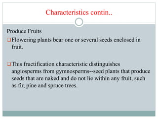 Characteristics contin..
Produce Fruits
Flowering plants bear one or several seeds enclosed in
fruit.
This fructification characteristic distinguishes
angiosperms from gymnosperms--seed plants that produce
seeds that are naked and do not lie within any fruit, such
as fir, pine and spruce trees.
 