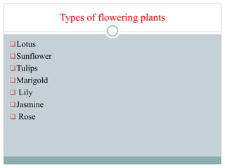 Types of flowering plants
Lotus
Sunflower
Tulips
Marigold
 Lily
Jasmine
 Rose
 