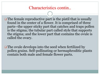 Characteristics contin..
The female reproductive part is the pistil that is usually
found in the center of a flower. It is comprised of three
parts--the upper sticky part that catches and traps pollen
is the stigma; the tubular part called style that supports
the stigma; and the lower part that contains the ovule is
called the ovary.
The ovule develops into the seed when fertilized by
pollen grains. Self-pollinating or hermaphroditic plants
contain both male and female flower parts.
 