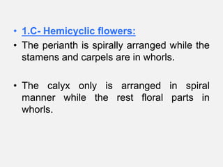 • 1.C- Hemicyclic flowers:
• The perianth is spirally arranged while the
stamens and carpels are in whorls.
• The calyx only is arranged in spiral
manner while the rest floral parts in
whorls.
 