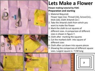 2
1
Preparation and starting
1. Material Required:
Flower tape (1a), Thread (1b), Scissor(1c),
Stick (1d), Cloth-Arkandi (1e )
2. Take the Arkandi cloth from which you
want to make the flower
3. Mark the cloth to cut squares of
different sizes. A comparison of different
sizes is shown in figure 7.
4. Cloth after marking the squares
5. Cut the marked cloth into square of
different sizes
6. Cloth after cut down into square pieces
7. Showing the comparison of different square
sizes. Largest square is 7 CM long
3
7
4
7a
1a
1b
1c
1d
1e
Lets Make a Flower
Flower making tutorial by FSAC
2
5
6
 