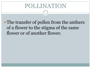 POLLINATION

 The transfer of pollen from the anthers
 of a flower to the stigma of the same
 flower or of another flower.
 