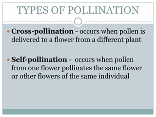 TYPES OF POLLINATION
 Cross-pollination - occurs when pollen is
 delivered to a flower from a different plant

 Self-pollination - occurs when pollen
 from one flower pollinates the same flower
 or other flowers of the same individual
 