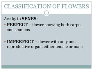 CLASSIFICATION OF FLOWERS

Accdg. to SEXES:
 PERFECT – flower showing both carpels
  and stamens

 IMPERFECT – flower with only one
 reproductive organ, either female or male
 