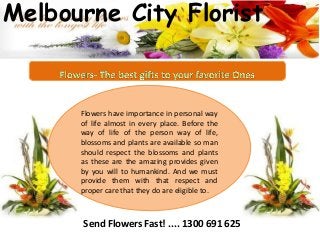Melbourne City Florist

Flowers have importance in personal way
of life almost in every place. Before the
way of life of the person way of life,
blossoms and plants are available so man
should respect the blossoms and plants
as these are the amazing provides given
by you will to humankind. And we must
provide them with that respect and
proper care that they do are eligible to.

Send Flowers Fast! .... 1300 691 625

 