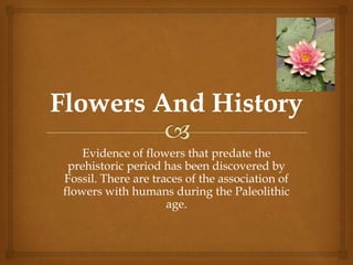 Evidence of flowers that predate the
prehistoric period has been discovered by
Fossil. There are traces of the association of
flowers with humans during the Paleolithic
age.
 