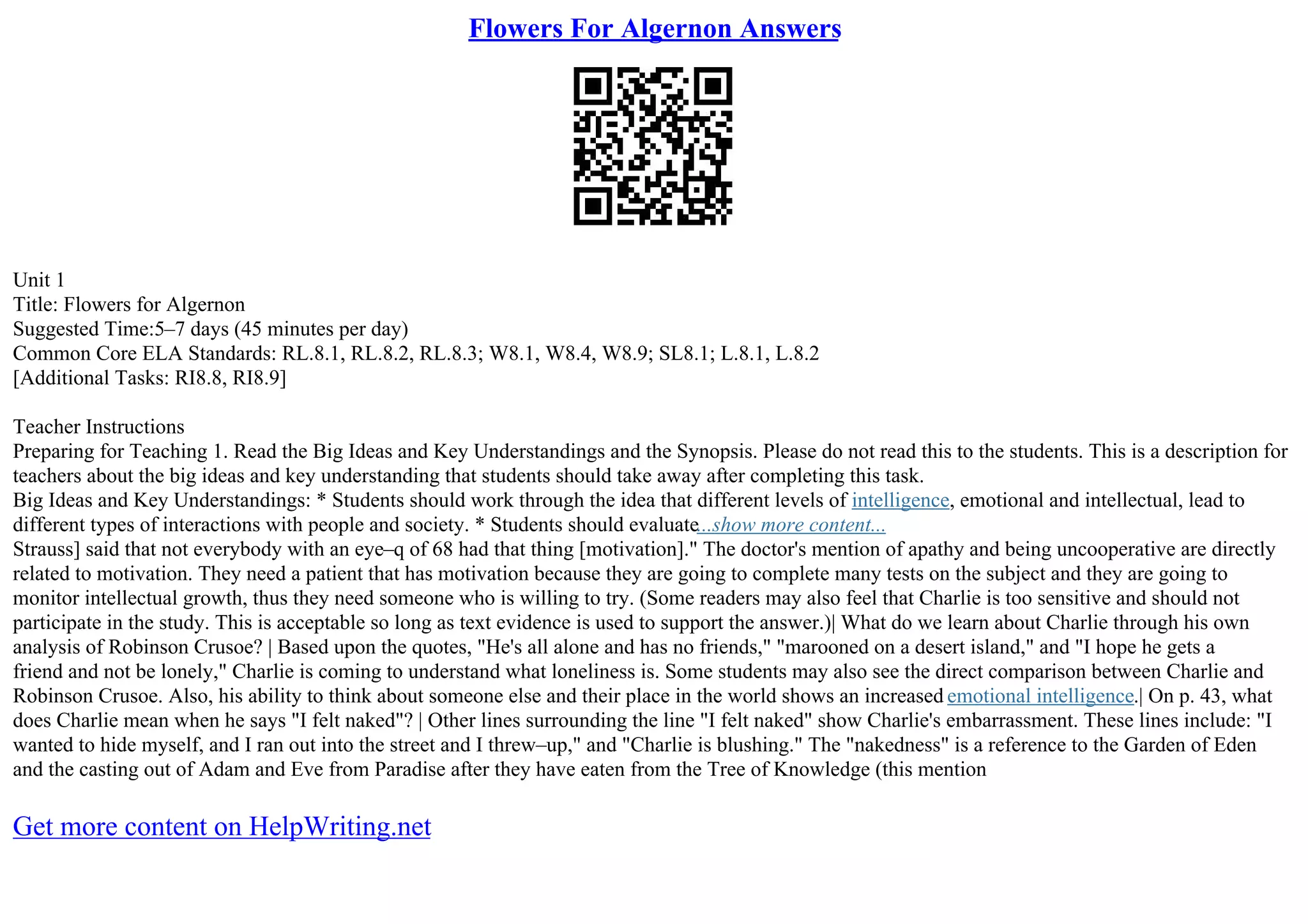 Flowers For Algernon Answers PPT