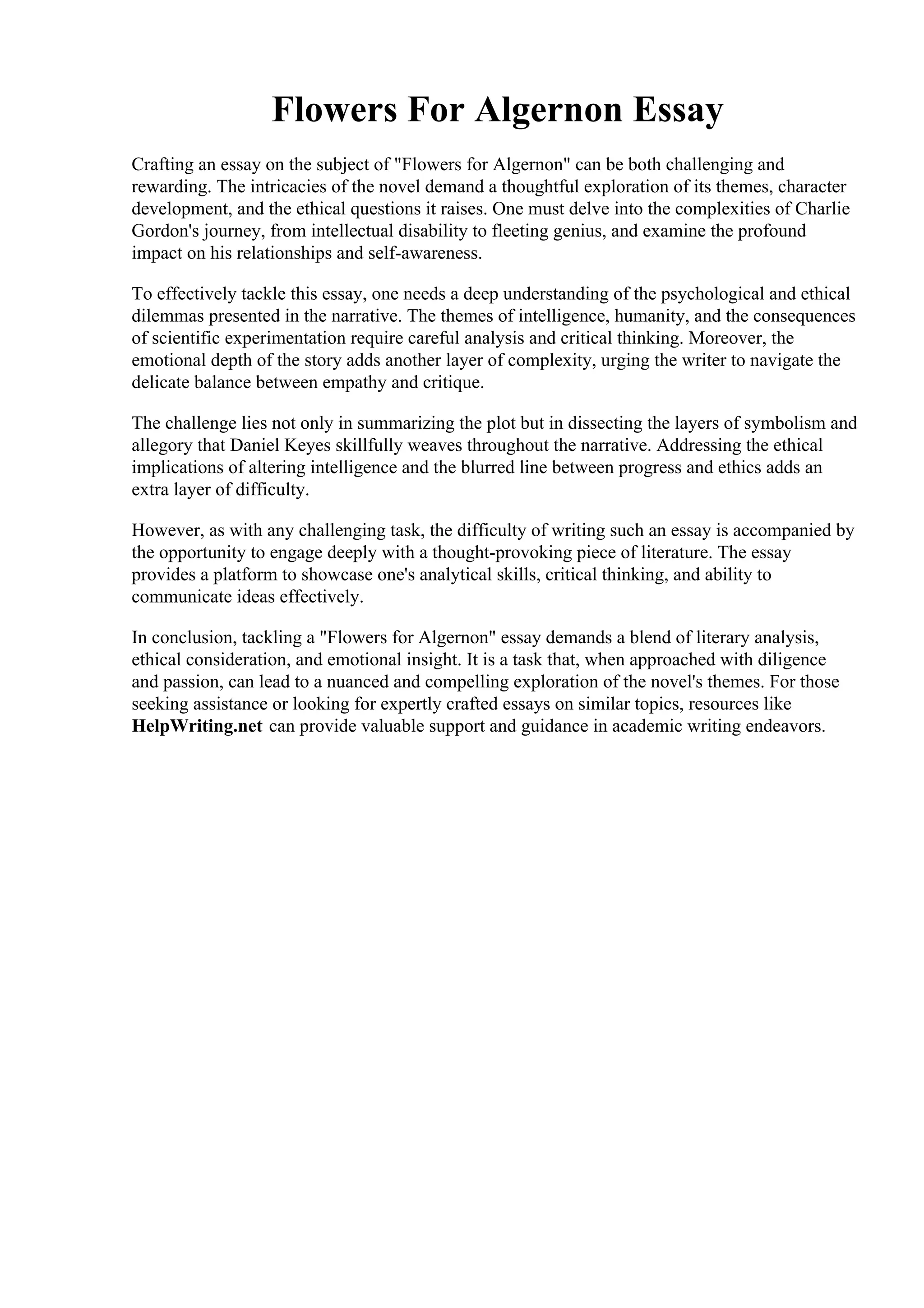 Flowers For Algernon Essay. The Play of Daniel Keyes Flowers for ...