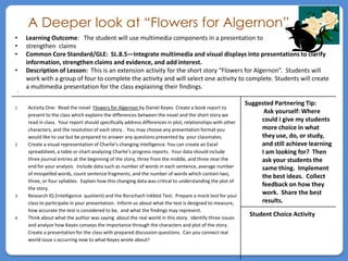 A Deeper look at “Flowers for Algernon”
•    Learning Outcome: The student will use multimedia components in a presentation to
•    strengthen claims
•    Common Core Standard/GLE: SL.8.5—Integrate multimedia and visual displays into presentations to clarify
     information, strengthen claims and evidence, and add interest.
•    Description of Lesson: This is an extension activity for the short story “Flowers for Algernon”. Students will
     work with a group of four to complete the activity and will select one activity to complete. Students will create
 .
     a multimedia presentation for the class explaining their findings.

                                                                                                            Suggested Partnering Tip:
1.   Activity One: Read the novel Flowers for Algernon by Daniel Keyes. Create a book report to
     present to the class which explains the differences between the novel and the short story we
                                                                                                                  Ask yourself: Where
     read in class. Your report should specifically address differences in plot, relationships with other        could I give my students
     characters, and the resolution of each story . You may choose any presentation format you                   more choice in what
     would like to use but be prepared to answer any questions presented by your classmates.                     they use, do, or study,
2.   Create a visual representation of Charlie’s changing intelligence. You can create an Excel                  and still achieve learning
     spreadsheet, a table or chart analyzing Charlie’s progress reports. Your data should include                I am looking for? Then
     three journal entries at the beginning of the story, three from the middle, and three near the              ask your students the
     end for your analysis. Include data such as number of words in each sentence, average number                same thing. Implement
     of misspelled words, count sentence fragments, and the number of words which contain two,
                                                                                                                 the best ideas. Collect
     three, or four syllables. Explain how this changing data was critical to understanding the plot of
                                                                                                                 feedback on how they
     the story.
3.   Research IQ (intelligence quotient) and the Rorschach Inkblot Test. Prepare a mock test for your
                                                                                                                 work. Share the best
     class to participate in your presentation. Inform us about what the test is designed to measure,            results.
     how accurate the test is considered to be, and what the findings may represent.
4.   Think about what the author was saying about the real world in this story. Identify three issues
                                                                                                             Student Choice Activity
     and analyze how Keyes conveys the importance through the characters and plot of the story.
     Create a presentation for the class with prepared discussion questions. Can you connect real
     world issue s occurring now to what Keyes wrote about?
 