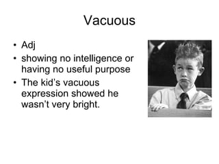 Vacuous Adj showing no intelligence or having no useful purpose  The kid’s vacuous expression showed he wasn’t very bright. 