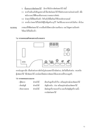13
5. ขั้นตอนการจัดสงดอกไม มีการใหบริการจัดสงดอกไม ดังนี้
5.1 ทางรานตองแจงขอมูลสถานที่ ที่จะจัดสงดอกไม ใหพนักงานทราบกอนลวงหนา เพื่อ
พนักงานจะไดศึกษาเสนทางและวางแผนการจัดสง
5.2 นําดอกไมที่จัดเสร็จแลว ใสในลังไมที่เตรียมไวทายรถจักรยานยนต
5.3 จากนั้น นําดอกไมไปสงใหผูรับที่ลูกคาระบุไว โดยใชระยะเวลาการสงไมเกิน 1 ชั่วโมง
หมายเหตุ ภาชนะที่ใชจัดสงดอกไม ควรเปนลังไมเพราะมีความแข็งแรง และไมดูดความรอนทํา
ใหดอกไมไมเหี่ยวเร็ว
7.4 การออกแบบผังของสถานประกอบการ
จากประตูขวามือ เปนตัวอยางการจัดโชวรูปแบบดอกไม ชนิดตางๆ ถัดไปเปนตัวอยาง พวงหรีด
ตูแชดอกไม โตะจัดดอกไม เคานเตอรติดตอการจัดดอกไมและสถานที่รับรองลูกคา
7.5 การออกแบบระบบงาน
- ผูจัดการ ทําหนาที่ ตอนรับลูกคาหนาราน เตรียมอุปกรณและจัดดอกไม
- ฝายบัญชี ทําหนาที่ บัญชีรายรับ – จาย เตรียมอุปกรณและจัดดอกไม
- ฝายการตลาด ทําหนาที่ ติดตอลูกคาภายนอกราน และเก็บบัญชีลูกคารวมทั้ง
การจัดสงดอกไม
 