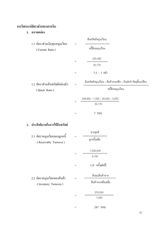 22
การวิเคราะหอัตราสวนทางการเงิน
1. สภาพคลอง
1.1 อัตราสวนเงินทุนหมุนเวียน =
( Current Ratio )
=
= 7.5 : 1 เทา
1.2 อัตราสวนสินทรัพยคลองตัว =
( Quick Ratio )
=
= 7 รอบ
2. ประสิทธิภาพในการใชสินทรัพย
2.1 อัตราหมุนเวียนของลูกหนี้ =
( Receivable Turnover )
=
= 115 ครั้งตอป
2.2 อัตราหมุนเวียนของสินคา =
( Inventory Turnover )
=
= 247 รอบ
สินทรัพยหมุนเวียน
หนี้สินหมุนเวียน
225,482
30,170
สินทรัพยหมุนเวียน – สินคาคงเหลือ – เงินมัดจําวัสดุสิ้นเปลือง
หนี้สินหมุนเวียน
248,682 – 1,500 – 20,000 – 3,000
30,170
ขายสุทธิ
ลูกหนี้เฉลี่ย
1,050,000
9,100
ตนทุนสินคาขาย
สินคาคงเหลือเฉลี่ย
370,550
1,500
 