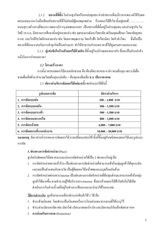 8
2.1.2 สถานที่ที่ตั้ง ในยานธุรกิจหรือแหลงชุมชน คาเชาสถานที่จะมีราคาแพง แตไดรับผล
ตอบแทนมากกวาเมื่อเทียบกับสถานที่ที่ไมคอยมีผูคนพลุกพลาน รานดอกไมฟาใส ตั้งอยูเลขที่ ……………
ถนนสุรวงศ แขวงสี่พระยา เขตบางรัก กรุงเทพมหานคร เปนสถานที่ที่ตั้งอยูในยานชุมชน และยานธุรกิจ ใน
รัศมี 10 ก.ม. มีสถานการศึกษาตั้งอยูหลายแหง เชน จุฬาลงกรณมหาวิทยาลัย เตรียมอุดมศึกษา วิทยาลัยอุเทน
ถวาย และใกลกับวัดอีกหลายแหง เชน วัดมหาพฤฒาราม วัดแกวฟา วัดไตรมิตร วัดหัวลําโพง ซึ่งถือเปน
สถานที่ที่เหมาะสมกับการทําธุรกิจเปนอยางมาก ทําใหสามารถกําหนดราคาที่ไดสูงตามความเหมาะสม
2.1.3 คูแขงขันในรานคาดอกไมดวยกัน ที่ตั้งอยูในบริเวณตลาดบางรัก ซึ่งจะเปนตัวแปรตัว
หนึ่งในการกําหนดราคา
2.2 โครงสรางราคา
การตั้งราคาขายดอกไมตามหลักสากล คือ ตองคิดราคาขาย 4 เทา ของตนทุน เพราะมีเผื่อ
ขาดเผื่อเสียดวย คํานวณโดยตนทุนแปรผัน + ตนทุนคงที่เฉลี่ย X 4 เปนราคาขาย
2.3 อัตราคาบริการจัดดอกไมแตละครั้ง พอจําแนกไดดงนี้
รูปแบบการจัด อัตราคาบริการ
1. การจัดแบบชอ 300 – 1,000 บาท
2. การจัดแบบแจกัน 500 – 1,500 บาท
3. การจัดแบบกระเชา 500 – 1,500 บาท
4. การจัดแบบพวงหรีด 800 – 1,000 บาท
5. การจัดหนาศพ 6,000 – 7,000 บาท
6. การจัดสถานที่งานแตงงาน 10,000 – 20,000 บาท
หมายเหตุ อัตราคาบริการของการจัดดอกไม อาจเปลี่ยนแปลงได ทั้งนี้ขึ้นอยูกับชนิดของดอกไมและรูปแบบ
การจัด
3. ชองทางการจัดจําหนาย (Place)
ธุรกิจรับจัดดอกไมสด สามารถแบงการจัดจําหนายไดเปน 2 ชองทางใหญ คือ
1. การจัดจําหนายทางหนาราน เปนชองทางการจัดจําหนายที่สามารถเขาถึงกลุมลูกคาไดทุกระดับ
และขอเปนตัวแทนกับทางวัด เปนผูจัดดอกไมหนาศพและเมรุพรอมกันดวย
2. การจัดจําหนายผานทาง Internet เปนชองทางการจัดจําหนายที่ตนทุนต่ําและสามารถเขาถึงกลุม
ลูกคาไดมากขึ้น ตามจํานวนผูใชบริการทาง Internet ซึ่งทางรานดอกไมฟาใสยังไมไดเปด
ดําเนินการในสวนนี้ แตก็อยูในชวงการศึกษาและจะนํามาใชในอนาคต
วิธีการชําระเงิน ลูกคาสามารถเลือกชําระคาสินคาได 2 วิธี คือ
1. ชําระดวยเงินสด โดยชําระเปนเงินสดหรือการโอนผานธนาคารตามที่ไดระบุไว
2. ชําระผานบัตรเครดิต เชน บัตรวีซา บัตรมาสเตอรการด และบัตรอเมริกันเอ็กซเพรส ฯลฯ
3. การสงเสริมการขาย (Promotion)
 