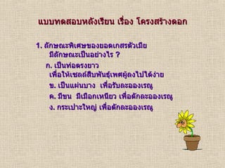 แบบทดสอบหลังเรียน เรื่อง โครงสร้างดอก 1.  ลักษณะพิเศษของยอดเกสรตัวเมีย มีลักษณะเป็นอย่างไร  ? ก .  เป็นท่อตรงยาว เพื่อให้เซลล์สืบพันธุ์เพศผู้ลงไปได้ง่าย ข .  เป็นแผ่นบาง  เพื่อรับละอองเรณู ค .  มีขน  มีเมือกเหนียว เพื่อดักละอองเรณู ง .  กระเปาะใหญ่ เพื่อดักละอองเรณู 