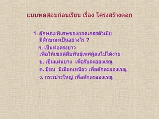 แบบทดสอบก่อนเรียน เรื่อง โครงสร้างดอก 1.  ลักษณะพิเศษของยอดเกสรตัวเมีย มีลักษณะเป็นอย่างไร  ? ก .  เป็นท่อตรงยาว เพื่อให้เซลล์สืบพันธุ์เพศผู้ลงไปได้ง่าย ข .  เป็นแผ่นบาง  เพื่อรับละอองเรณู ค .  มีขน  มีเมือกเหนียว เพื่อดักละอองเรณู ง .  กระเปาะใหญ่ เพื่อดักละอองเรณู 