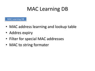 MAC Learning DB
    MAC Learning DB


•    MAC address learning and lookup table
•    Addres expiry
•    Filter for special MAC addresses
•    MAC to string formater
 