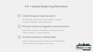6.4.1 release (beginning December)
CMMN Engine improvements
Plan item lifecycle listeners, event listeners, condition
evaluation flexibility, parse handlers etc
Support for call activity sub process and parent process
activity migration, variable definition
Process instance migration improvements
Make it unnecessary to go to historic data when getting
activity info for a running process instance
Activity instance runtime data
 