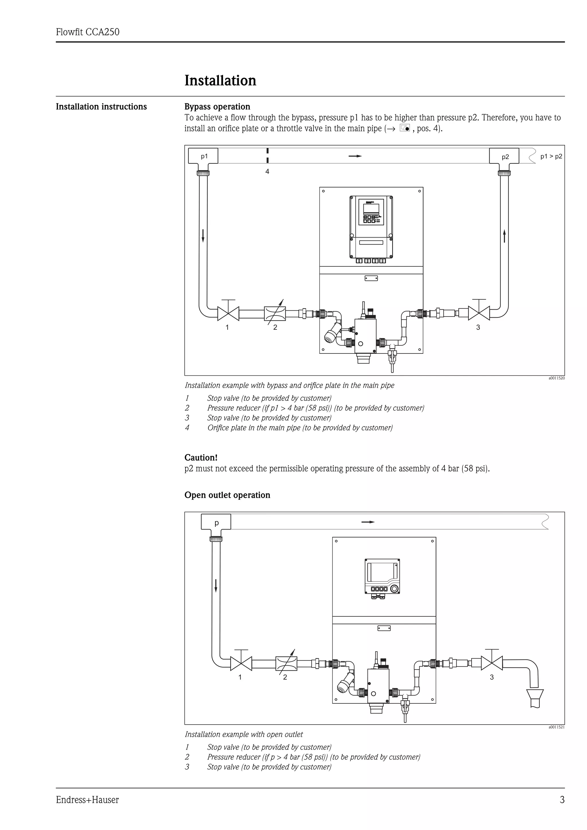 Flowfit CCA250
Endress+Hauser 3
Installation
Installation instructions Bypass operation
To achieve a flow through the bypass, pressure p1 has to be higher than pressure p2. Therefore, you have to
install an orifice plate or a throttle valve in the main pipe (→ å , pos. 4).
a0011520
Installation example with bypass and orifice plate in the main pipe
1 Stop valve (to be provided by customer)
2 Pressure reducer (if p1 > 4 bar (58 psi)) (to be provided by customer)
3 Stop valve (to be provided by customer)
4 Orifice plate in the main pipe (to be provided by customer)
Caution!
p2 must not exceed the permissible operating pressure of the assembly of 4 bar (58 psi).
Open outlet operation
a0011521
Installation example with open outlet
1 Stop valve (to be provided by customer)
2 Pressure reducer (if p > 4 bar (58 psi)) (to be provided by customer)
3 Stop valve (to be provided by customer)
1 2 3
4
p1 p2 p1 > p2
1 2 3
p
 