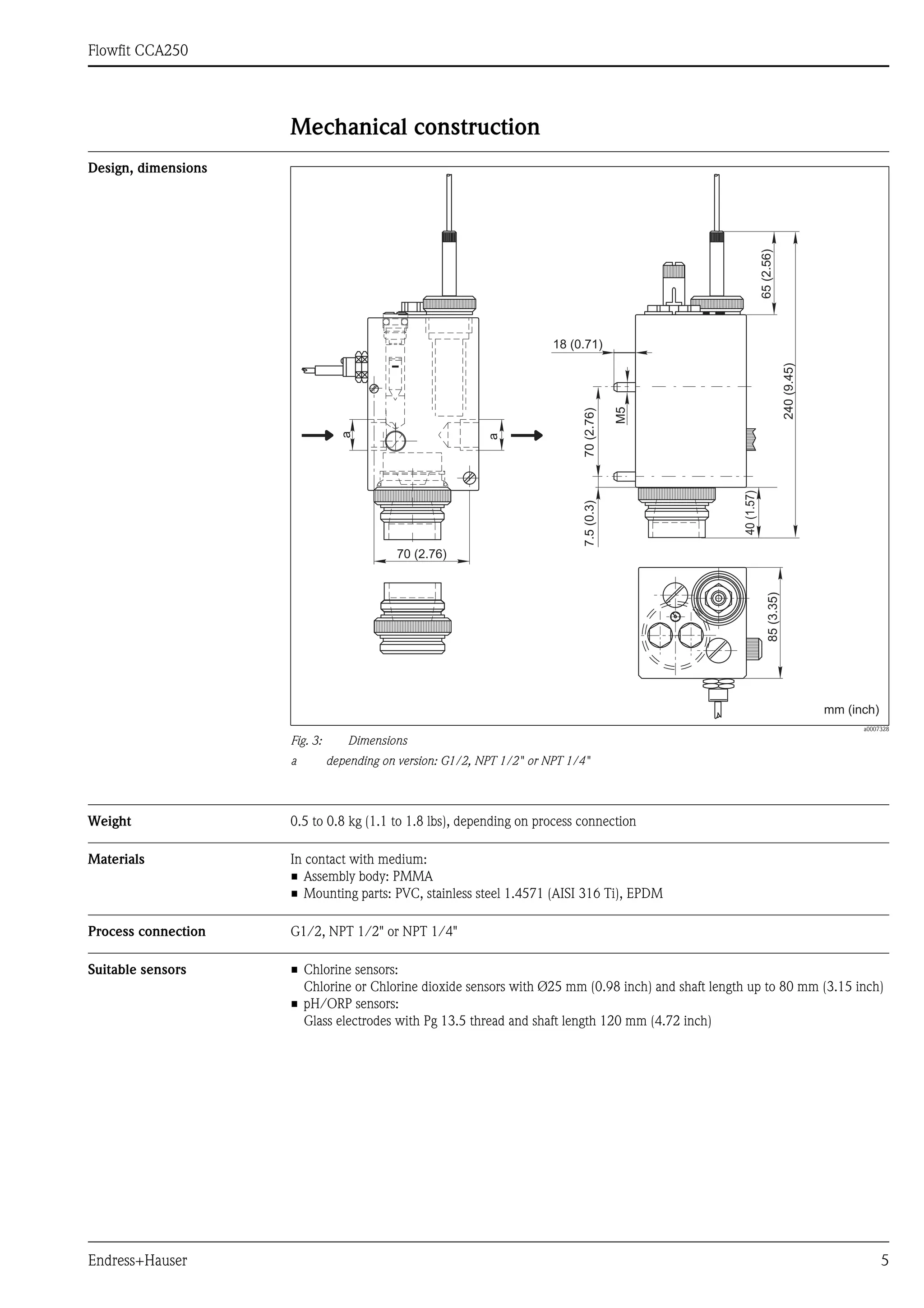 Flowfit CCA250
Endress+Hauser 5
Mechanical construction
Design, dimensions
a0007328
Fig. 3: Dimensions
a depending on version: G1/2, NPT 1/2" or NPT 1/4"
Weight 0.5 to 0.8 kg (1.1 to 1.8 lbs), depending on process connection
Materials In contact with medium:
• Assembly body: PMMA
• Mounting parts: PVC, stainless steel 1.4571 (AISI 316 Ti), EPDM
Process connection G1/2, NPT 1/2" or NPT 1/4"
Suitable sensors • Chlorine sensors:
Chlorine or Chlorine dioxide sensors with Ø25 mm (0.98 inch) and shaft length up to 80 mm (3.15 inch)
• pH/ORP sensors:
Glass electrodes with Pg 13.5 thread and shaft length 120 mm (4.72 inch)
 